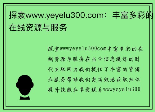 探索www.yeyelu300.com：丰富多彩的在线资源与服务